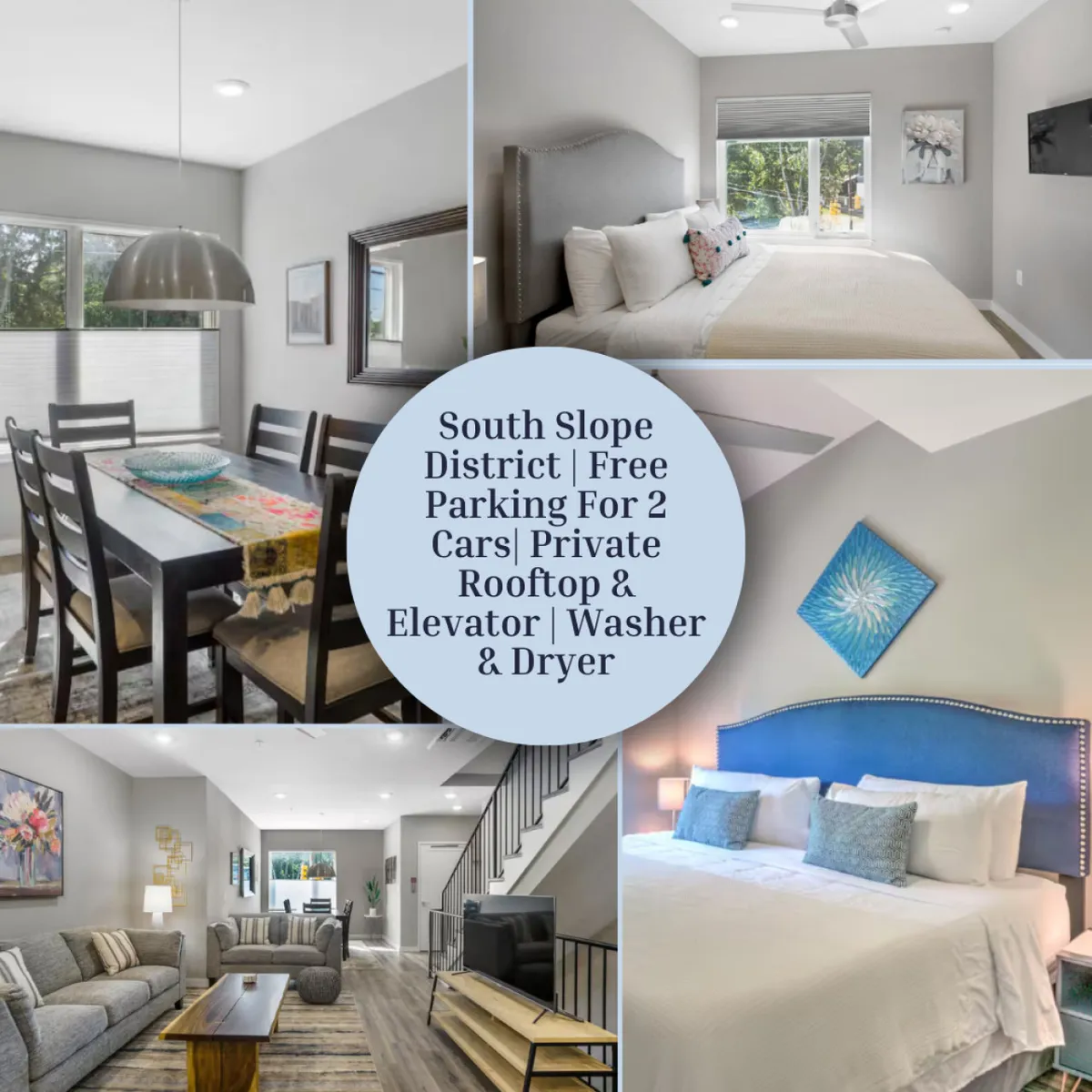The image showcases a bright, open-plan interior with a colorful dining table set for gatherings, plush living room seating perfect for relaxation, a glimpse of a modern bedroom with chic blue accents, and a staircase hinting at multiple inviting levels. Sunlight streams in, highlighting the space’s contemporary design and cozy atmosphere.